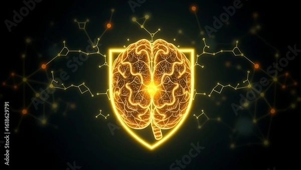 Obraz A glowing neuron network forming a protective shield around an abstract brain silhouette with vegetable-shaped constellations.