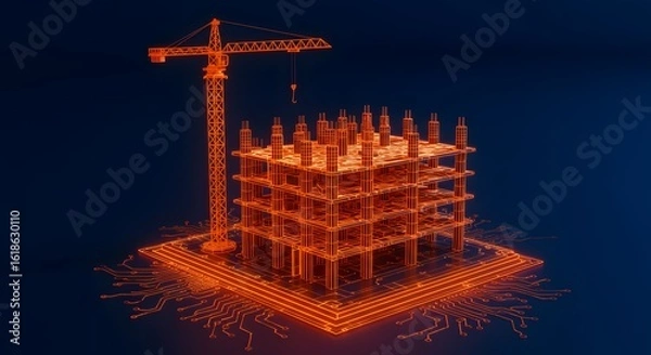 Fototapeta Technological construction concept featuring a building under development with a crane on a computer chip symbolizing innovation