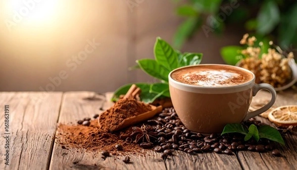 Fototapeta Latte on a wooden table with coffee beans and spices