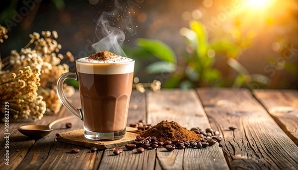 Fototapeta Latte on rustic wooden table