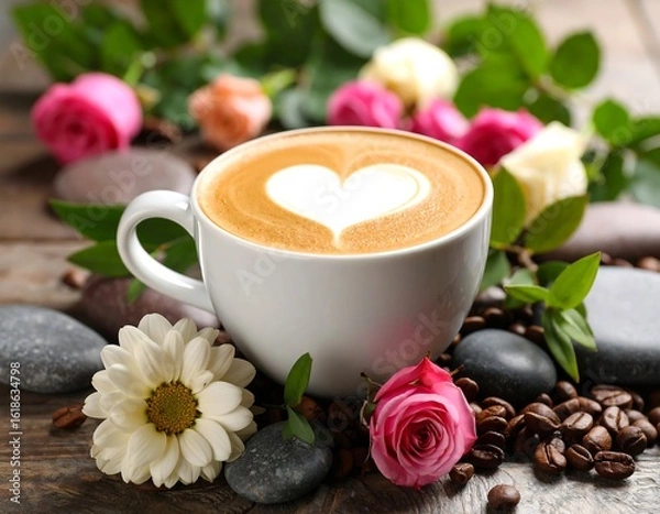Fototapeta Latte with heart latte art, surrounded by flowers and stones