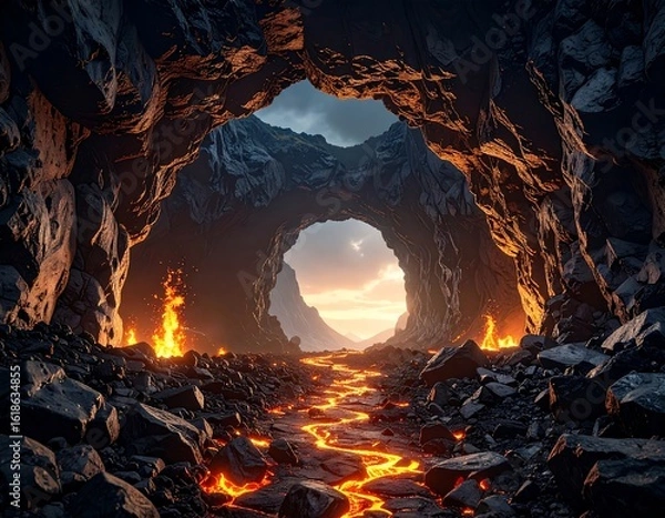 Fototapeta Lava flowing through a dark cave opening to a landscape
