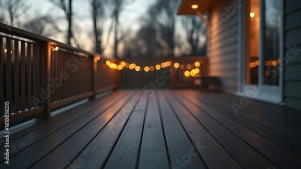 Obraz Twilight wooden deck glowing warmly in soft natural light, minimalist and serene.