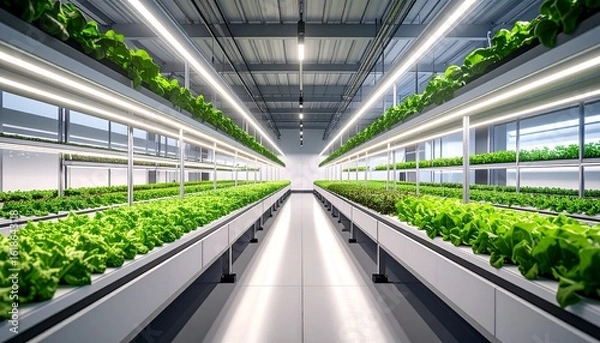 Fototapeta Wide-angle view of indoor vertical farm with LED grow lights, rows of hydroponic greens, and a visible irrigation system, showing modern agri-tech setup.