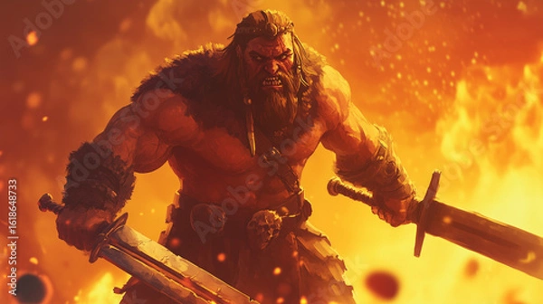 Obraz strong angry barbarian warrior surrounded by fire