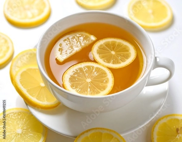 Fototapeta Lemon tea in a white cup surrounded by lemon slices