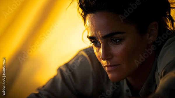 Obraz Close Up Portrait Of Woman With Serious Expression In Golden Light