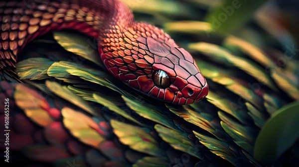 Obraz Closeup Of Colorful Snake On Vibrant Feathers