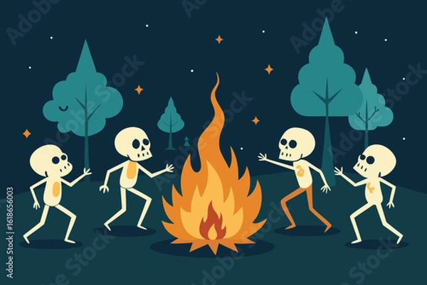 Fototapeta  skeletons dancing around a bonfire at night in a forest with stars in the sky, a joyful and spooky illustration vector illustration