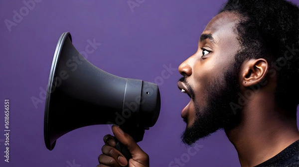 Obraz Man Speaking Through Megaphone Against Purple Background
