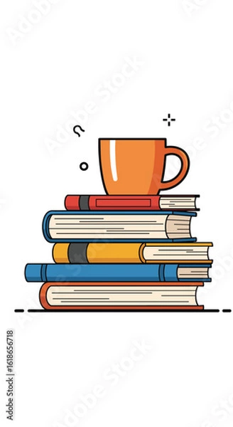 Fototapeta A warm cup of coffee sitting atop a stack of knowledgeable books ready for reading