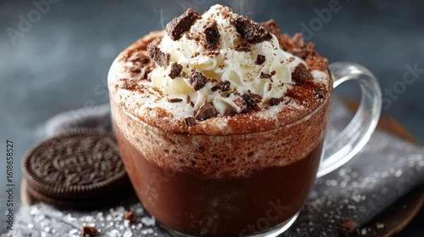 Fototapeta Delicious Hot Chocolate with Whipped Cream and Chocolate Cookie Crumbs