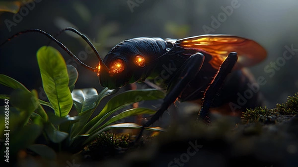 Obraz Glowing Insect On Plants In Dark Forest