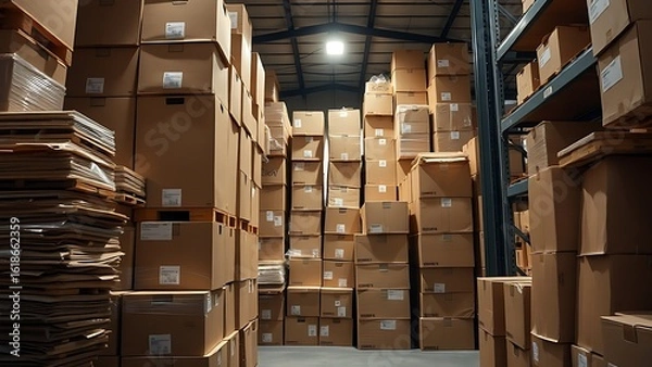 Obraz Neatly stacked cardboard boxes in a warehouse, illuminated by soft overhead lighting.