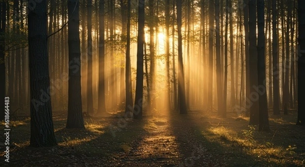 Fototapeta Golden sunlight through misty forest