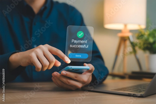 Obraz Fintech concept. User completing a secure mobile payment with a 'Payment successful' notification.