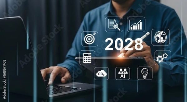 Fototapeta Business strategy planning for year 2028 with ai and technology development and financial growth