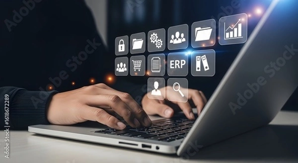 Fototapeta Enterprise resource planning erp system software solution for business management on laptop tech