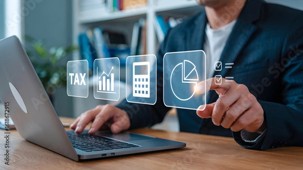 Fototapeta Professional analyzing taxes and business data with interactive financial analytics dashboard technology
