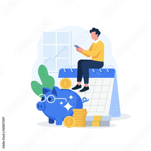 Fototapeta Person sitting on calendar checks their phone, symbolizing financial planning. piggy bank with glasses, coins, and cash stacks represent saving money and investing