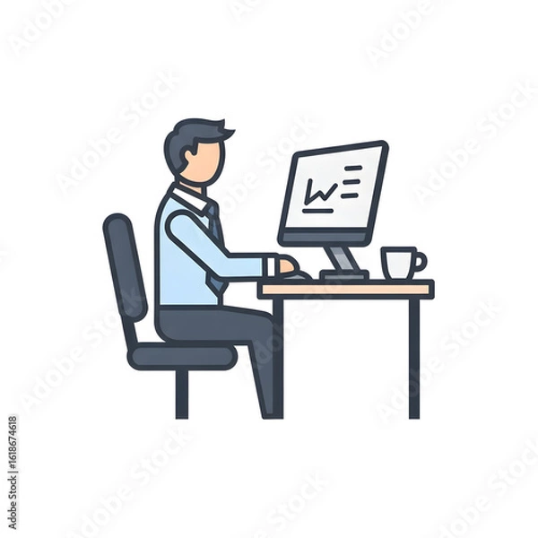 Fototapeta Vector illustration of a businessman working at an office desk with a computer showing data analysis charts.