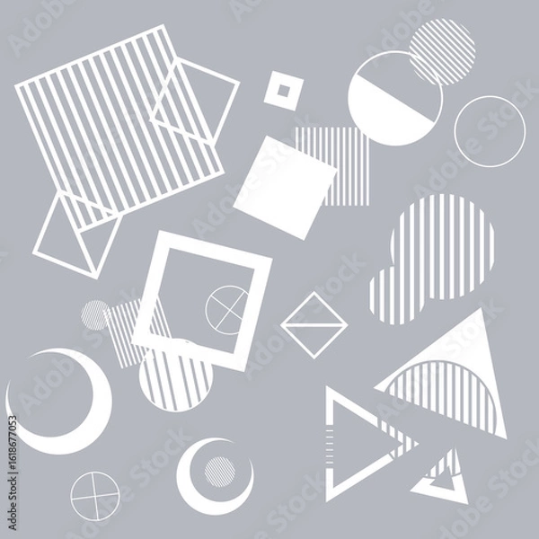 Fototapeta 正方形背景　手描き素材　シンプルなベクター風の幾何学図形が散りばめられたグレー　抽象背景イラスト