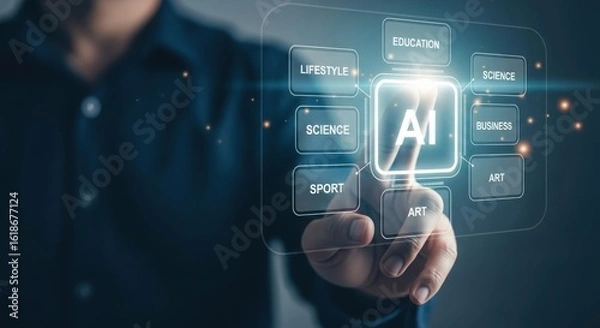 Fototapeta A persons finger touches an ai interface, representing artificial intelligence and future technology