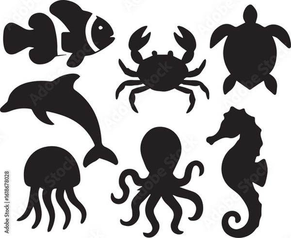 Obraz Ocean underwater animals sihouette set of dolphin, crab, seahorse, tortoise, octopus, jellyfish vectors