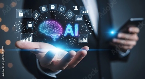 Fototapeta Ai artificial intelligence concept with brain and data analysis in hand for technology future