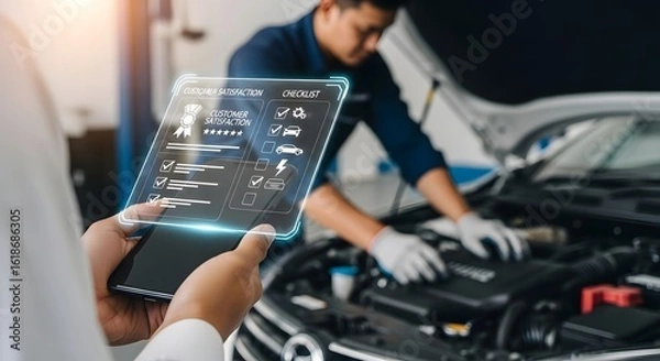 Fototapeta Car service checklist app for auto repair and maintenance with customer satisfaction survey