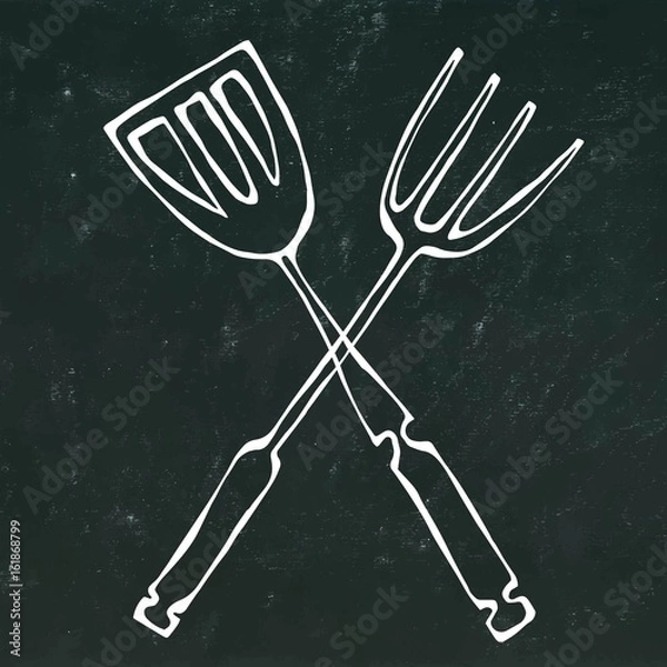 Fototapeta BBQ or Grill Tools Icon. Crossed Barbecue Fork with Spatula. Isolated on a Black Chalkboard Background. Realistic Doodle Cartoon Style Hand Drawn Sketch Vector Illustration.