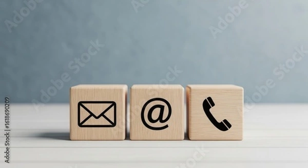 Fototapeta Wooden blocks displaying contact information icons for email, at symbol, and telephone communication