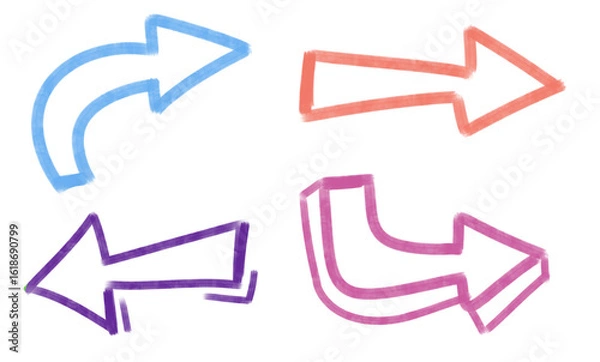 Fototapeta Set of colorful, hand-drawn, arrows for note-taking, annotations, presentations, etc Blue, peach, purple and pink arrow