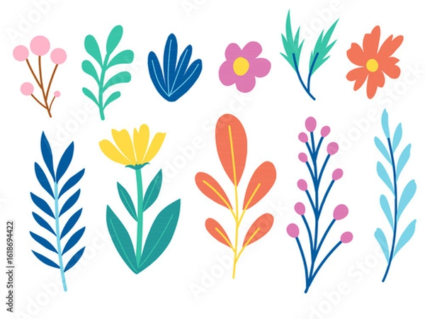 Fototapeta Bright and vibrant floral illustrations with a mix of flowers and leaves, perfect for summer and spring-themed designs. Ideal for invitations, cards, and nature inspired projects