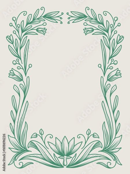 Fototapeta Vintage floral frame or cover. Botanic design elements in lineart and classic style, leaves branches and blooming print for poster, social media and packaging
or greeting card.