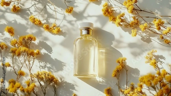 Fototapeta Helichrysum oil bottle on light-colored surface with dry yellow blooms