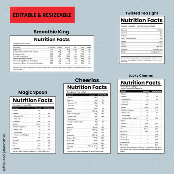 Fototapeta Editable Nutrition Label Designs for Cereal, Smoothies, and Tea