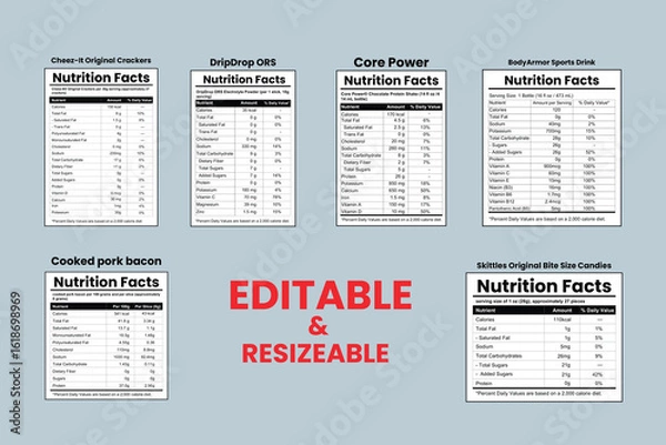 Fototapeta nutrition facts template, cereal nutrition, smoothie nutrition, editable nutrition labels, tea label design, sugar content, dietary info, 