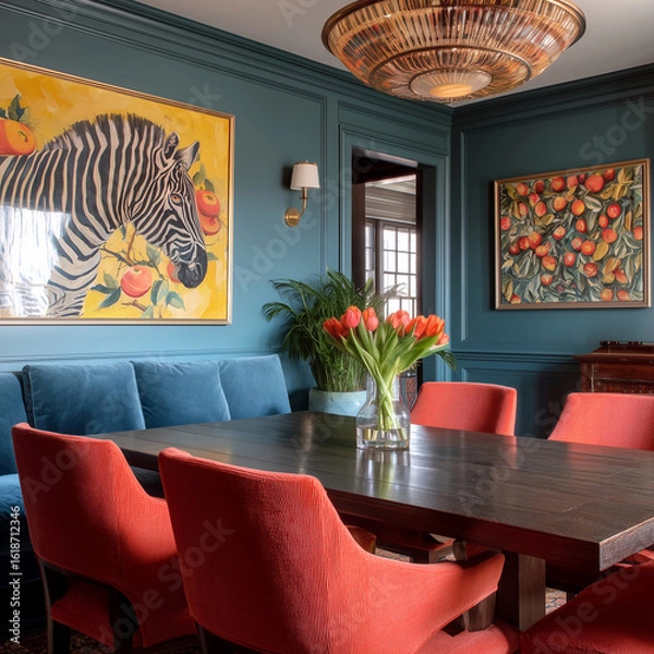 Obraz Dining room with red chairs and chandelier light
