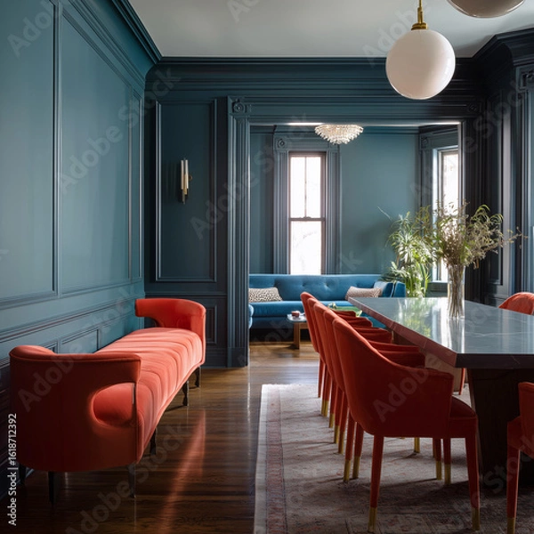 Obraz Victorian dining room with red chairs and teal sofa