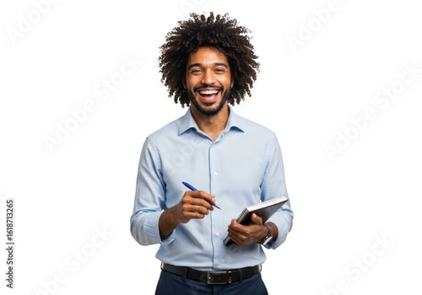 Fototapeta A smiling man holding a clipboard and pen, isolated on transparent background