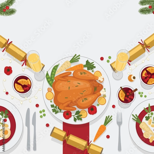 Obraz An inviting top-down illustration of a holiday feast, showcasing a succulent roasted turkey surrounded by colorful vegetables, festive drinks, and traditiona...