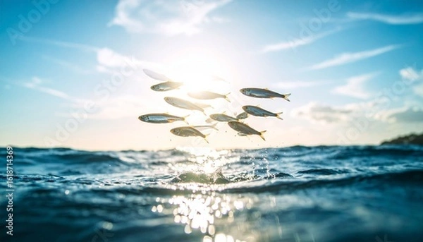 Fototapeta Leaping Fish Over a Golden Ocean Surface