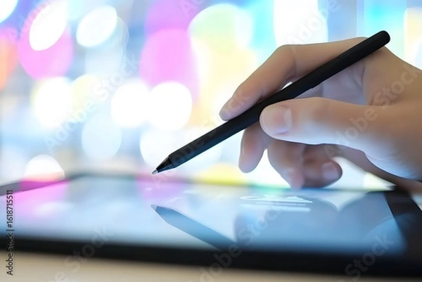 Obraz Hand Holding Stylus Pen Over Tablet Screen with Colorful Bokeh Background