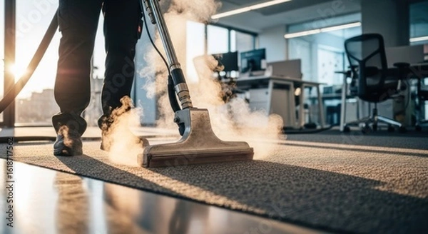Obraz Worker steam cleaning office carpet