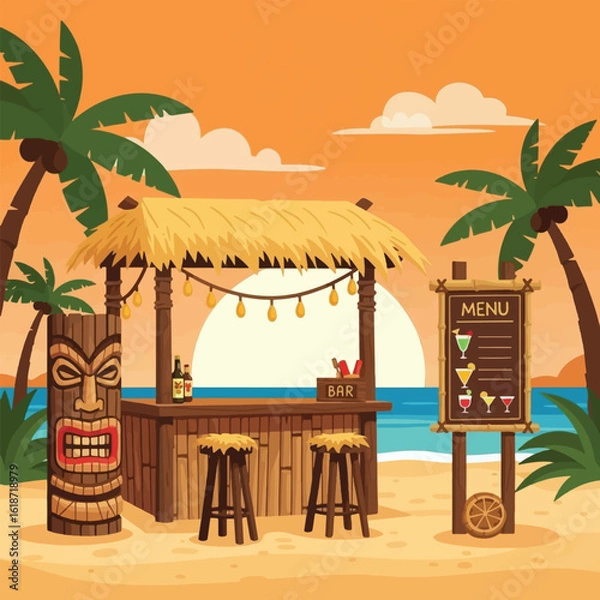 Obraz A tropical tiki bar on a sandy beach at sunset with palm trees and an ocean view.