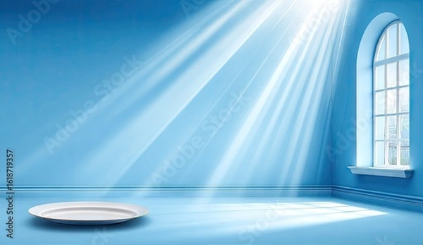 Fototapeta Empty white plate on a light blue  backdrop with sunbeams.