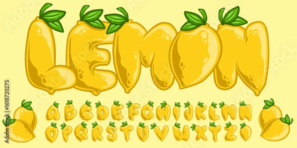 Fototapeta Lemon Graffiti Alphabet. Bold Fruit Font Vector in Street Art Style. Cute Letters Illustration.
