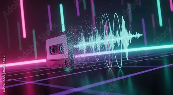 Fototapeta Retro cassette transforms into vibrant sound wave, evoking nostalgia and digital audio innovation