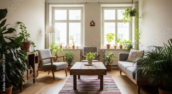 Fototapeta Inviting living room filled with lush green plants, natural light, and cozy furniture creates a serene urban oasis.